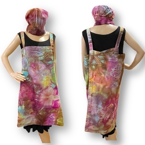 Tie Dye large Japanese wrap around apron matching toque chef's hat rainbow - Picture 1 of 7